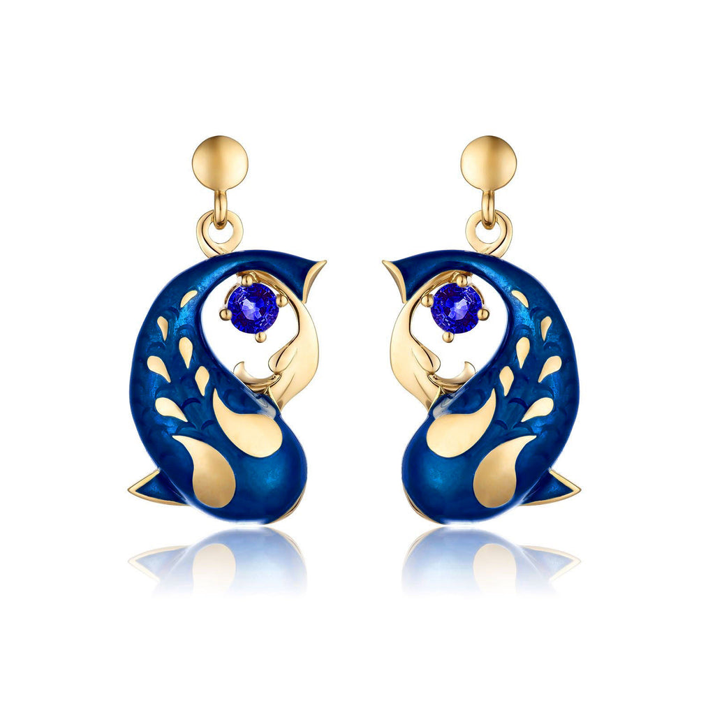 Zen Koi Earrings | 18K Gold + Blue Sapphires+ High-temperature Vitreous Enamel