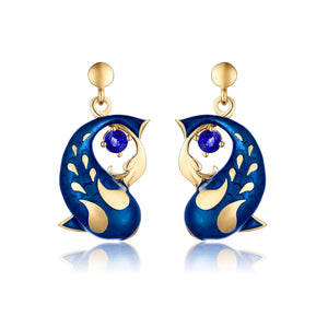 Zen Koi Earrings | 18K Gold + Blue Sapphires+ High-temperature Vitreous Enamel